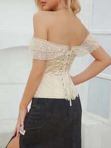 Women's Y2K Off Shoulder Satin Corset Top Lace Short Sleeve Lace‑Up Back Waist Cincher For Party Cosplay Evening Summer - Khaki - View 3