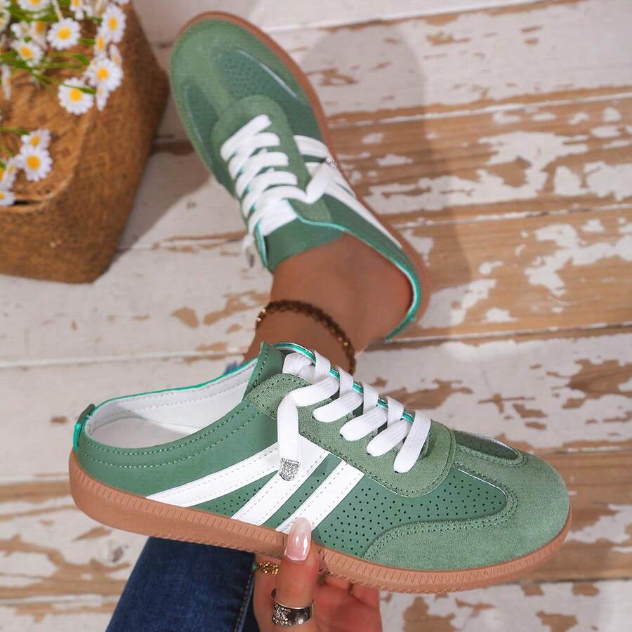 女款休閒運動鞋 素色繫帶舒適一腳蹬 日常通勤購物不累腳 薄底德式訓練鞋 極簡運動學院風 封趾穆勒拖鞋 返校季時尚百搭休閒 - 綠色 - 查看 1
