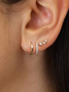 3pcs/Set Minimalist Elegant All-Match Layered Copper Inlaid Sparkling Cubic Zirconia Stud & Hoop Earrings, Suitable For Women's Daily Wear, Versatile For Events And Parties, Gift - Yellow Gold - View 1