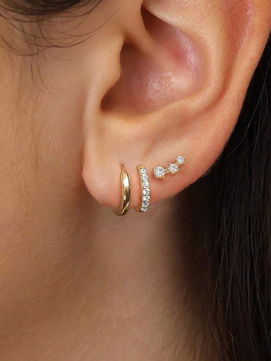 3pcs/Set Minimalist Elegant All-Match Layered Copper Inlaid Sparkling Cubic Zirconia Stud & Hoop Earrings, Suitable For Women's Daily Wear, Versatile For Events And Parties, Gift - Yellow Gold - View 1