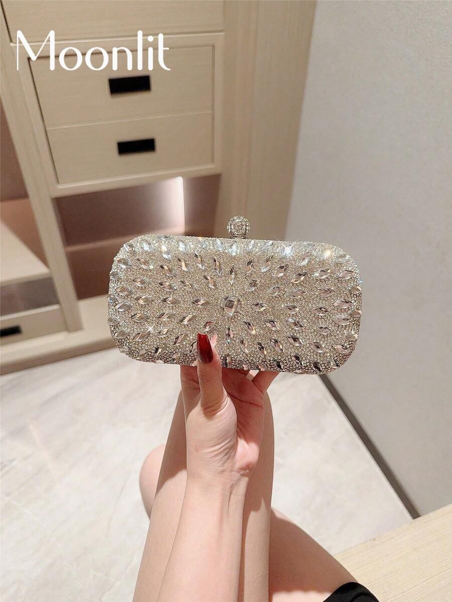 Moonlit Eve Bag, Silver Sparkling Rhinestone, Delicate Crystal Decor Mini Handbag, 2026 Fashion Party Metal Strap Wallet, Suitable For Lipstick And Jewelry, Applicable For Evening Party, Wedding, Graduation Dance And Valentine's Day, Chic & Elegant