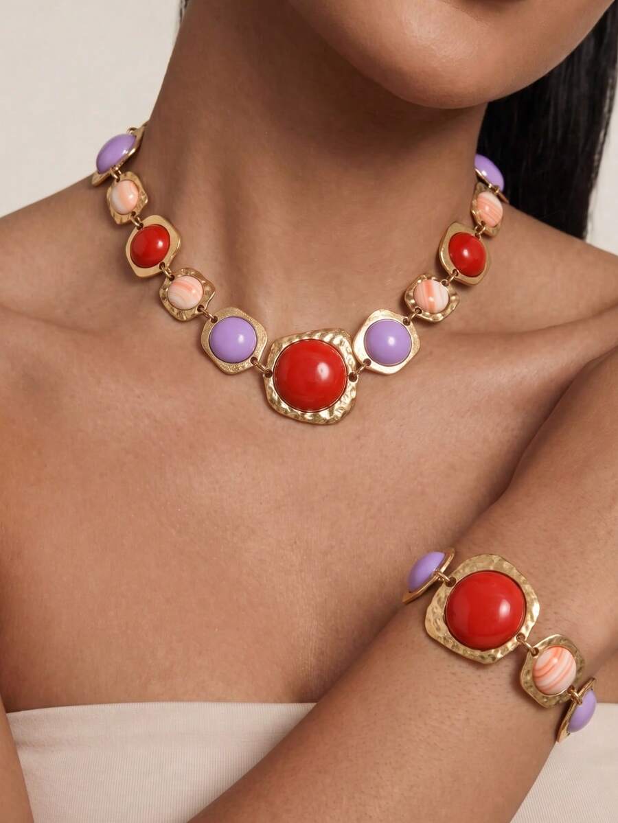 1 Set 2pcs Vintage Distressed Hammered Texture Purple Asymmetrical Geometric Patchwork Colorful Stone Suitable For Women's Daily Outfit, Party, Evening Banquet, Holiday Gift - Purplish-red - View 1