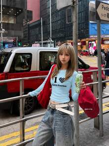 American Street Style Sky Blue Y2K Heart Letter Polka Dot Print Slim Fit Long Sleeve Base Layer T-Shirt For Women, Autumn - Sky Blue - View 2