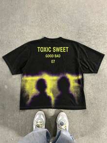 Krometka 男士美式復古 Y2K 風格霓虹對比色文字印花落肩短袖 T 恤休閒圓領半袖上衣 - 黑色 - 查看 3