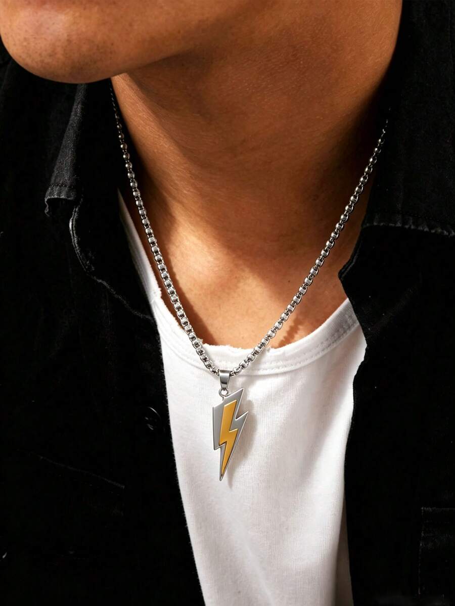 Men's Stainless Steel Personalized Lightning Pendant Necklace, Unisex Fashionable Hip-Hop Jewelry, Suitable For Daily Wear, Qixi Festival Gift - Lightning Bolt Necklace - View 1