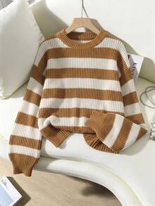 Sweater Pullover Kasual Wanita Bergaris Leher Bulat Bahu Longgar Lengan Panjang, Pullover Rajut Musim Gugur/Dingin - MultiWarna - View 11