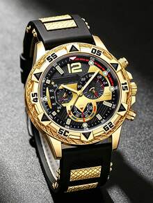 5pcs Set New Men's Large Dial Quartz Watch And Hip Hop Cuban Rhinestone Cross Pendant Accessory Set, Suitable For Daily Wear, Sports, Holidays, Campus Gift - Multicolor - View 6