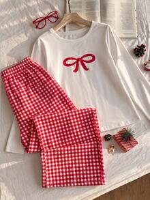 Christmas Autumn/Winter Two Pieces Butterfly Printed Long Sleeve Top+Red/White Checkered Pants Girl's Sleepwear Set,Soft Fabric,Teenagers' Home Wear - White - View 3