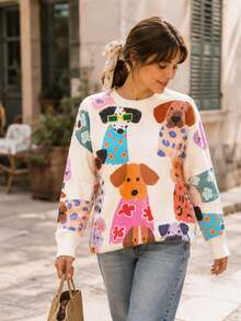[All-Over Print][Lightweight] Autumn/Winter Casual Cute Puppy Pattern Round Neck Knit Fashion Women's Lightweight Sweater, Suitable For Outings - White - View 8