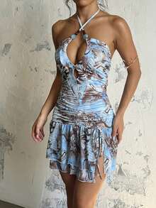 Autumn Fashion Sexy Ruffle Spaghetti Strap Strap Dress For Party And Date - Blue - View 5