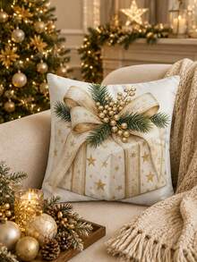 Christmas Table Runner, Throw Pillow, Placemat, Vintage Gold Star Gift Box Bow Pine Branch Berry Print, Kitchen Dining Room Holiday Tabletop Decor - Multicolor - View 8