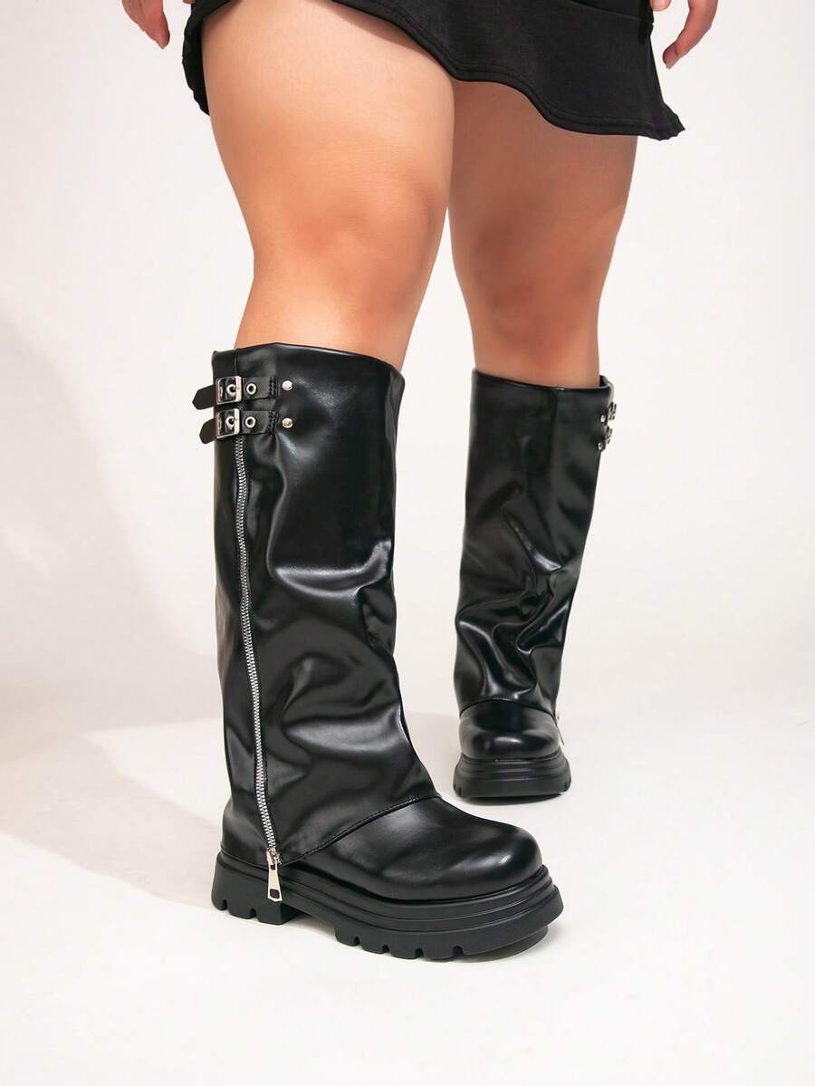 Women's Wide Toe Box Thick Sole High Shaft Slouch Boots With Belt Buckle Decor, Inner Zipper, Loose Wide Leg Opening, Motorcycle Style Long Boots, Autumn - Black Leather Zipper - View 1
