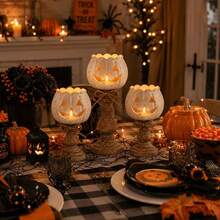 3 Tamaños de Soportes de Vela Pedestal de Calabaza Blanca en Capas, Soportes de Velas Tealight con Acabado Desgastado Jack O Lantern para Velas Tealight Estándar, Decoración de Centro de Mesa Rústica de Granja para Interior para Otoño Halloween Acción de Gracias Fiesta Exhibición del Hogar Regalo - multicolor - Ver 3