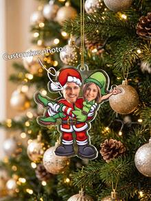 1 buah Ornamen Natal Akrilik Personalisasi Foto Pasangan Ukuran 3/4/5 Inci, Termasuk Tali Gantung Emas, Liontin Pohon Natal Kolase Wajah Kartun, Hadiah Liburan - MultiWarna - View 2