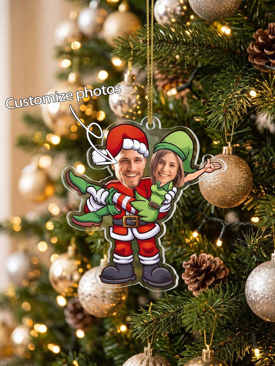 1 buah Ornamen Natal Akrilik Personalisasi Foto Pasangan Ukuran 3/4/5 Inci, Termasuk Tali Gantung Emas, Liontin Pohon Natal Kolase Wajah Kartun, Hadiah Liburan