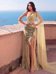 Elegant One-Shoulder Sequin Evening Gown, Side Draping Design, Back Tie, High Slit, Mermaid Tail Hem With Train, Suitable For Red Carpet Events And Black Tie Galas - Champagne - View 6