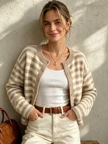 Women's Round Neck Contrast Color Striped Button Soft Casual Fashion Versatile Knit Long Sleeve Cardigan Sweater, Daily Vintage Street Style - Multicolor - View 9