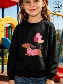 Cotton Girls' Round-Neck Pullover Hoodie, Relaxed Fit For Autumn And Winter, Featuring A Cute Dachshund Design, With A Sweet And Charming Preppy Style - Black - View 2