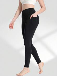 Spring Summer Autumn Women's High Waist Seamless Leggings With Pockets, Tummy Control Butt Lifting Yoga Pants, Solid Color Elastic Compression Leggings For Gym, Pilates, Training, Running, Workout, Cycling, Comfortable Sports Long Pants - Black - View 6
