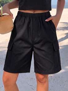 1pc Teen Girls' Sporty Cool Loose Multi-Pocket Casual Shorts, Bermuda Outdoor Cargo Shorts, Spring/Summer Back To School - Black - View 3