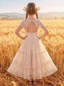 Tween Girl Floral Lace Backless Dress, Teens Short Sleeve Big Hem Flower Girl Wedding Long Gown - بيج - مشاهدة 6