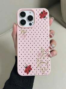 1件極簡粉色全螢幕小波點瓢蟲花卉圖案全包覆TPU防震手機殼，適用於 16 15 14 13 12 11 Pro Max，適用於 17 17 Pro 17 Pro Max Air，皮革紋理防滑手機保護殼，荔枝紋智能手機保護套，適用於 - 粉色 - 查看 3