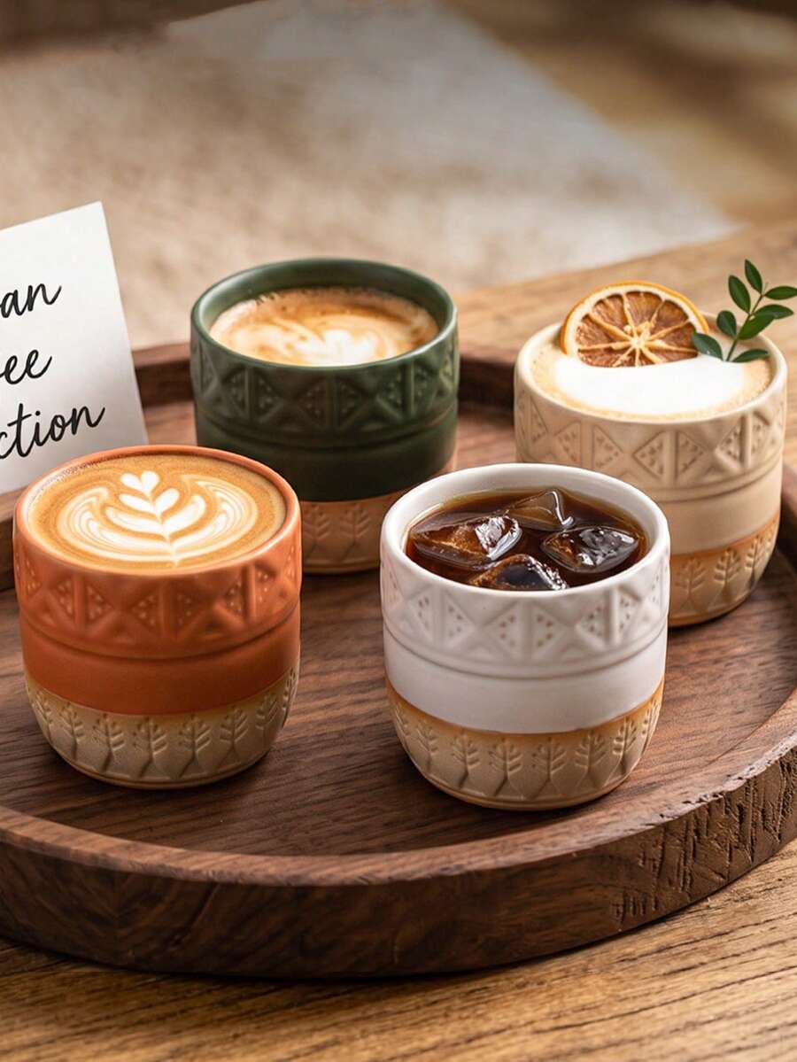 1 Pc Boho Ceramic Coffee Cup, 250ml/8.45oz Rustic Embossed Geometric Tree Pattern Tumbler Mug For Espresso Arabic Coffee Latte Cappuccino Iced Coffee Tea Water, Home Kitchen Office Tabletop Decor, Gift For Coffee Lovers Housewarming Birthday Holiday