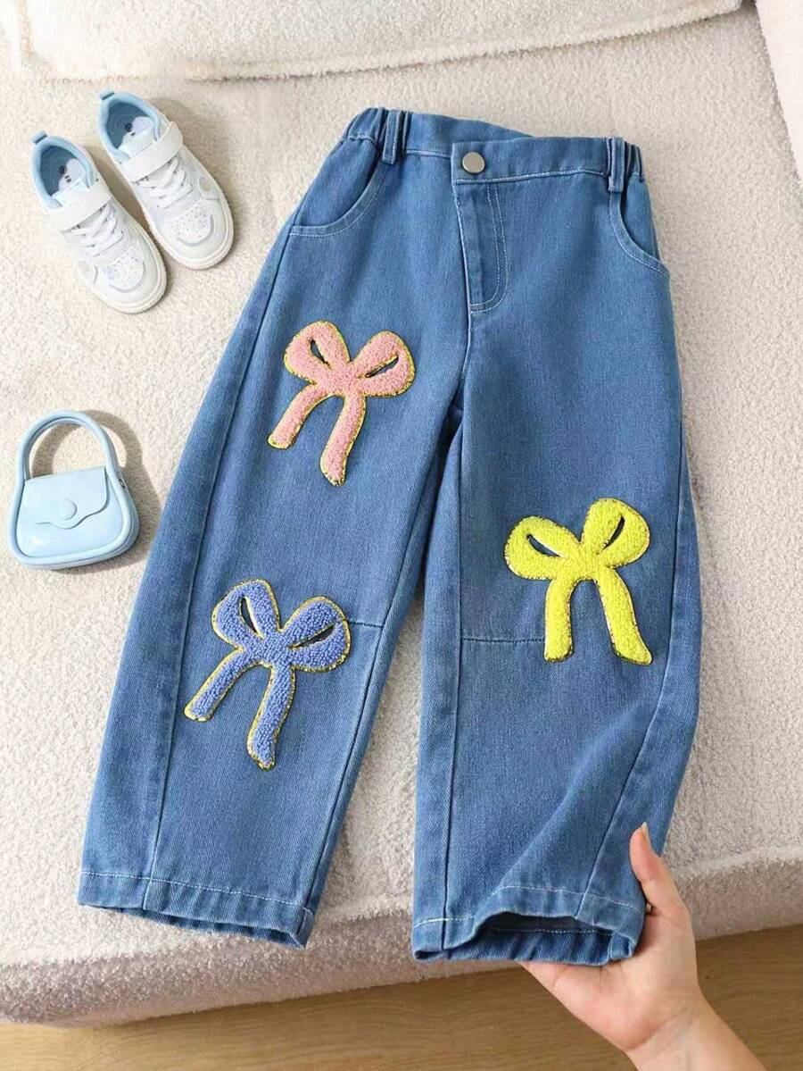 MYVLNA Girls' Blue Denim Long Pants With Colorful Terry Bow Applique Decor, Loose Wide Leg Fit, Side Pockets, Sweet Casual Style (Pants Only) - Blue - View 1