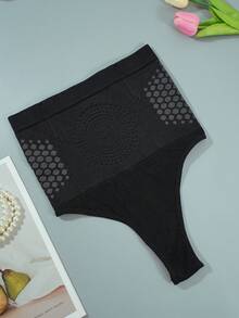 Women's High Waist Thong - Tummy Control - Solid Color, Suitable For Daily Wear, Seamless Fabric, Smooth Texture - Black - View 5