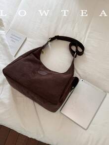 low tea 1pc Minimalist Crescent-Shaped Suede Fabric Shoulder Bag, Adjustable Strap, Suitable For Commuting, Shopping, Etc. - Coffee - View 4