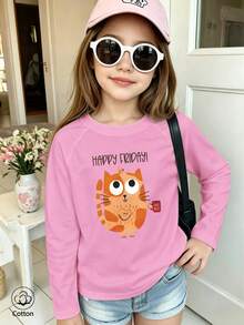 Girls Cotton Twill Long-Sleeved T-Shirt, Autumn/Winter Style, With An Orange Cat Print, In A Cute And Sweet Preppy Style - Light Wine Red - View 1