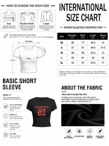 Women's Round Neck Short Sleeve T-Shirt, Summer New Digital Pattern & Letter Print, Fashion Casual Versatile Slim Fit Cropped Top Black - Black - View 7