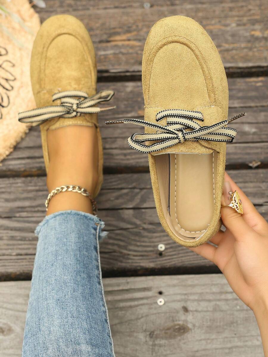 New Lace-Up Soft Sole Casual Spring/Autumn Suede Flat Shoes - Khaki - View 1