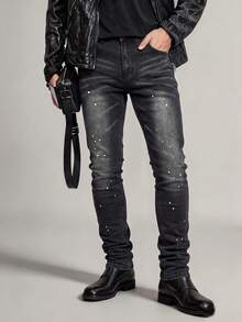 Men's White Splatter Slim Straight Fit Jeans, Vintage Black Gradient Cat Whisker Distressed Cross-Texture Stretch Denim - Black - View 3