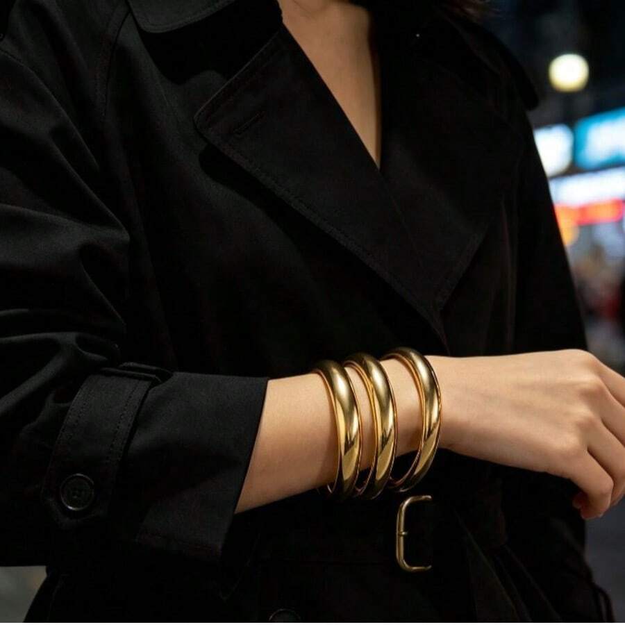 3pcs/Set Gold-Plated Iron Alloy Smooth Bangle Bracelet Set, Large Medium Small Sizes Stackable Solid Color Bracelets, Women's Daily Party Outfit Jewelry Gift - Gold - View 1