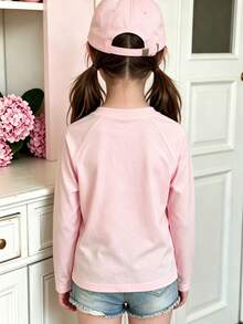 Autumn/Winter Ribbed Pure Cotton Long-Sleeved Top For Girls, Casual, Sporty And Preppy Style - Baby Pink - View 4