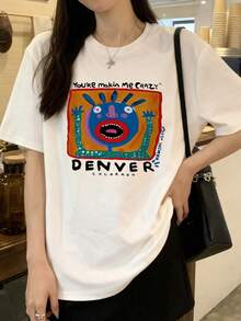 Japanese Style Women Summer Loose Round Neck Cartoon Character Letter Print Short Sleeve T-Shirt White Casual - White - View 1