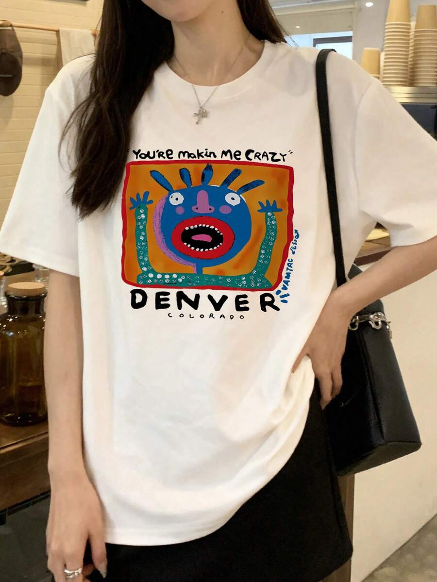 Japanese Style Women Summer Loose Round Neck Cartoon Character Letter Print Short Sleeve T-Shirt White Casual - White - View 1