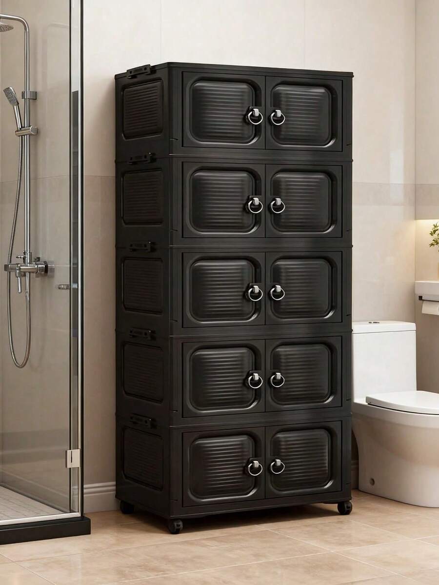 1-Layer Multi-Layer Plastic Double Door Storage Cabinet, Foldable Clothes Storage Box, Storage Rack, Portable Home Wardrobe, Living Room Toy & Snack Storage Box, Floor Standing Storage Rack, Shoe Storage Cabinet