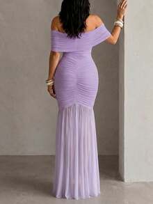 ChicMe Women's Folded Shoulder Cold Shoulder Ruched Waist Fitted Mermaid Dress For Evening Party - Mauve Purple - View 4