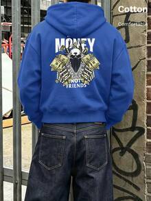 Autumn Men's Hoodie With Skull & Dollar Print "MONEY NOT FRIENDS" Back Graphic, Long Sleeve, Ribbed Trim, Y2K - Cailan - View 3