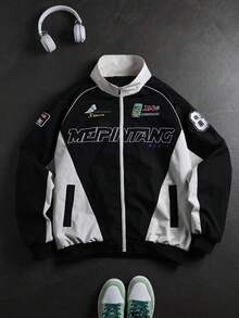 Men's Colorblock Racing Pattern Jacket, Zipper Stand Collar Long Sleeve Outerwear, Suitable For Casual Street Style, Racing Jacket, Daily Wear And Outdoor Activities - Black - View 3