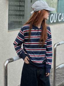 1pc Girls/Teen Girls Back To School Street Minimalist Striped Polo Collar Long Sleeve T-Shirt - Multicolor - View 3