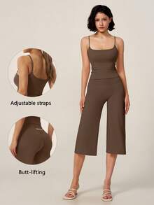 TimeOff Women's One Set Solid Color Adjustable Strap Camisole & Wide Leg Mid-Length Shorts Sports Set - Chocolate Brown - View 10