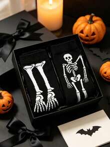 1/2 Pairs Unisex Mid-Calf Socks, Halloween Black Skull Ghost Paw Print, Moisture-Wicking, Fashion Party, Autumn/Winter Wear - Black - View 4