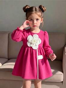 Baby Girl Red Textured Fabric Puff Sleeve 3D Floral Waist-Cinching Princess Dress - Multicolor - View 1