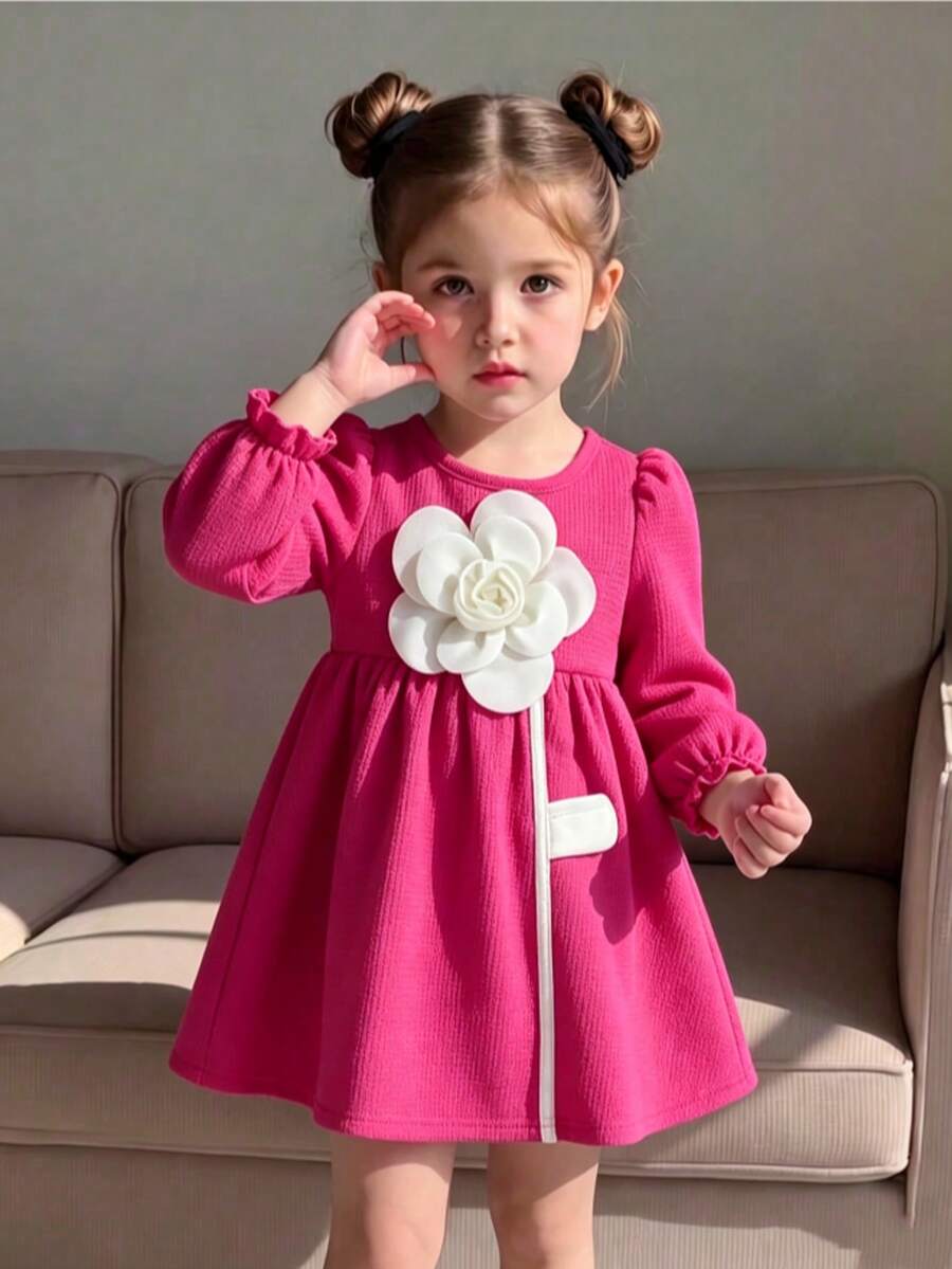 Baby Girl Red Textured Fabric Puff Sleeve 3D Floral Waist-Cinching Princess Dress - Multicolor - View 1