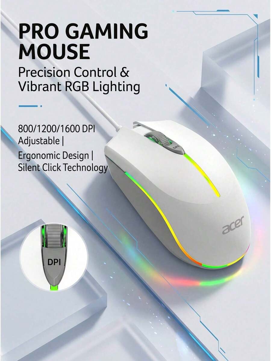 Acer Mouse Berkabel, Desain Ergonomis, Penggunaan Bisnis & Kantor, Desain Senyap, Universal untuk Penggunaan Optik dan Gaming, OMW020 - View 1