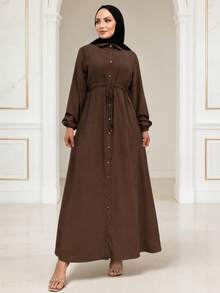 Women's Fashion Turndown Collar Solid Color Long Sleeve Dress, Loose Long Dress Spring Fall - Coffee Brown - View 2