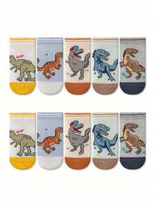 5 Pairs Kids Socks Japanese Cartoon Jurassic Dinosaur Pattern Boys Girls Versatile Short Socks - Multicolor - View 5